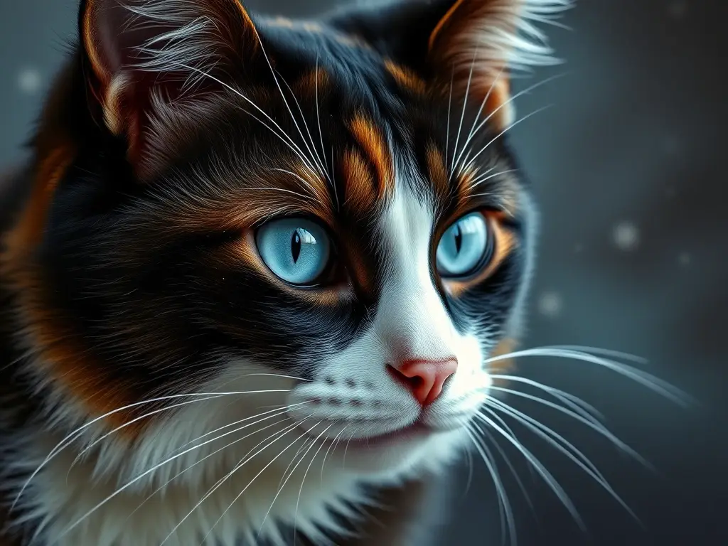Una pintura en estilo real a alta resolución de un gato con manto negro y ojos azules