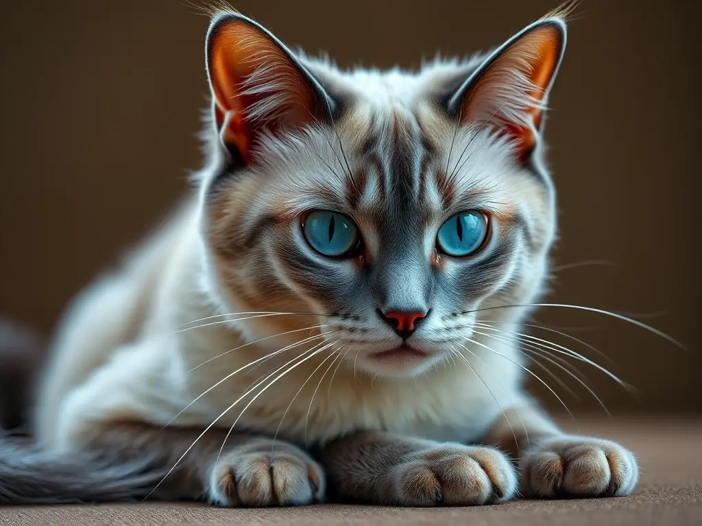 Fotografía realista de un gato persa con características de Nebelung, ojos azules y elegantes y una pelaje suave