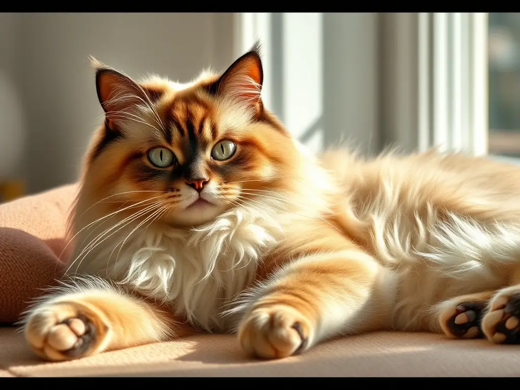 Fotorealista de gata Ragdoll relajada en la luz solar