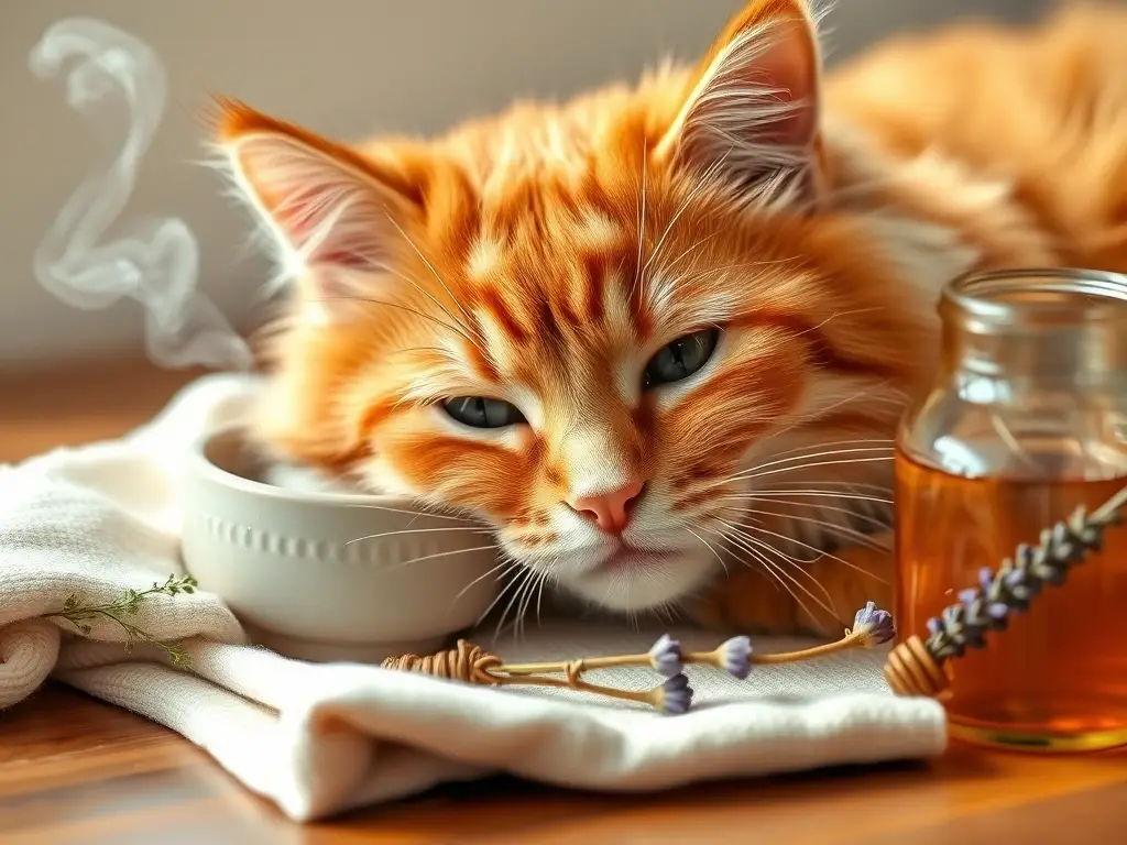 Gato anaranjado sobre madera, rodeado de remedios