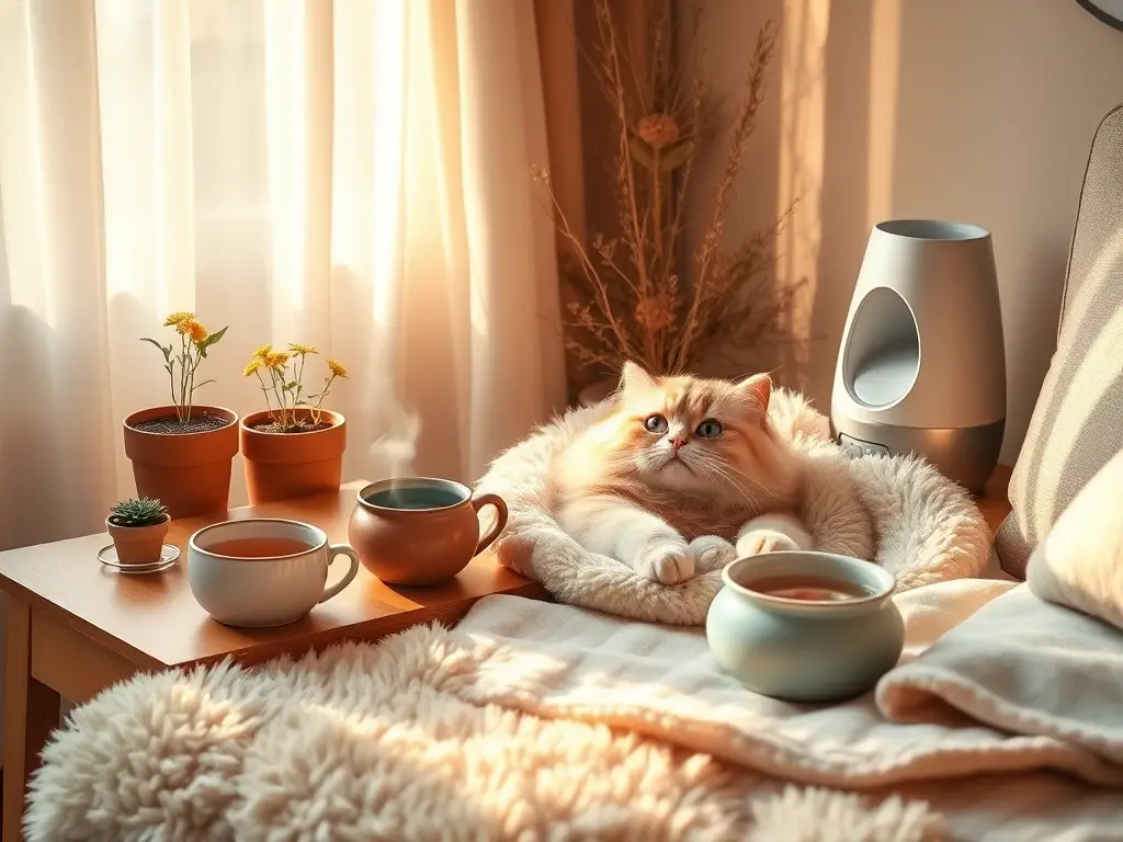 Salón luminoso con gato descansando