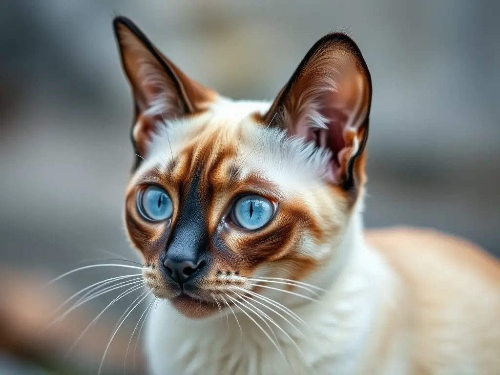 Foto realista de gata siamesa en hábitat natural, retrato, enfoque nítido