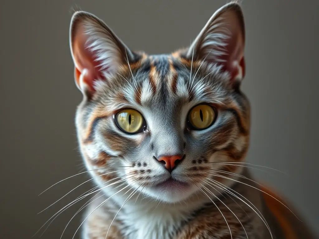 Fotorealista retrato de un gato gris con puntos de fuego, sin texto ni logos
