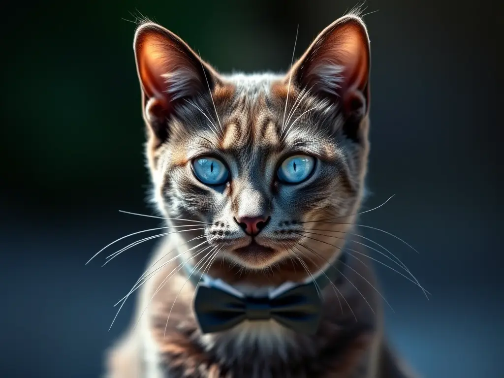 Una fotorealista retrato de un gato tuxedo con ojos azules brillantes
