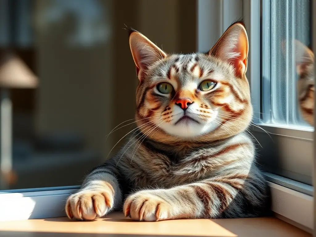 Fotografía realista de un gato grises disfrutando del sol, sin texto, 8K