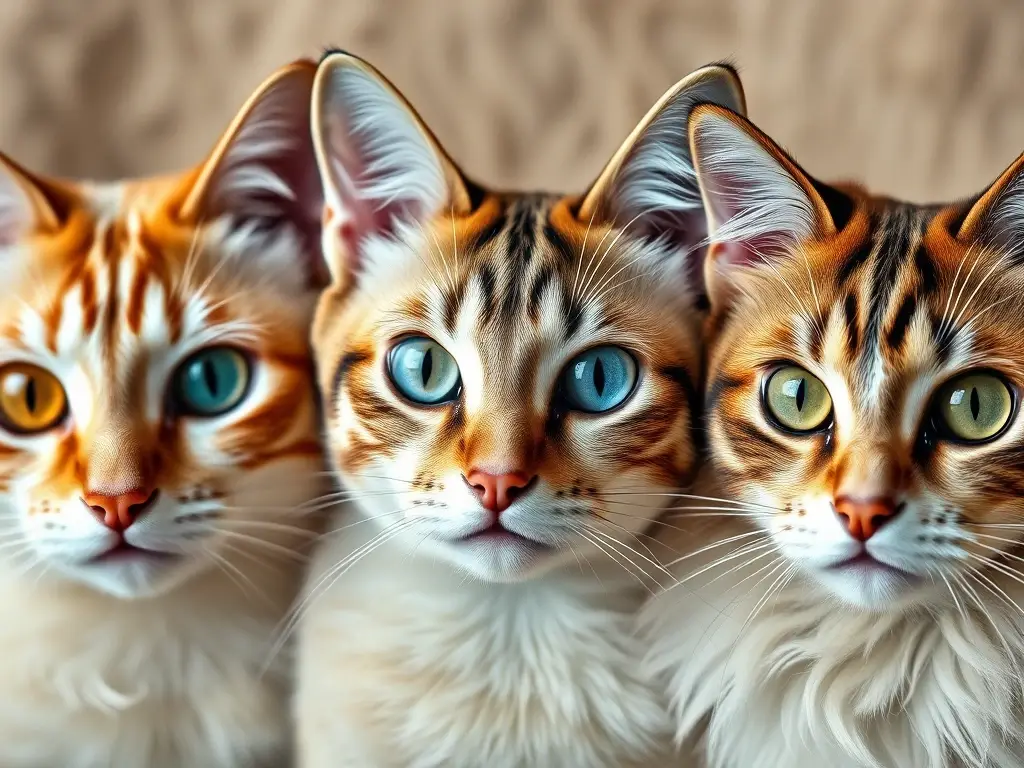 Retrato fotorrealista de tres gatos heterocromáticos