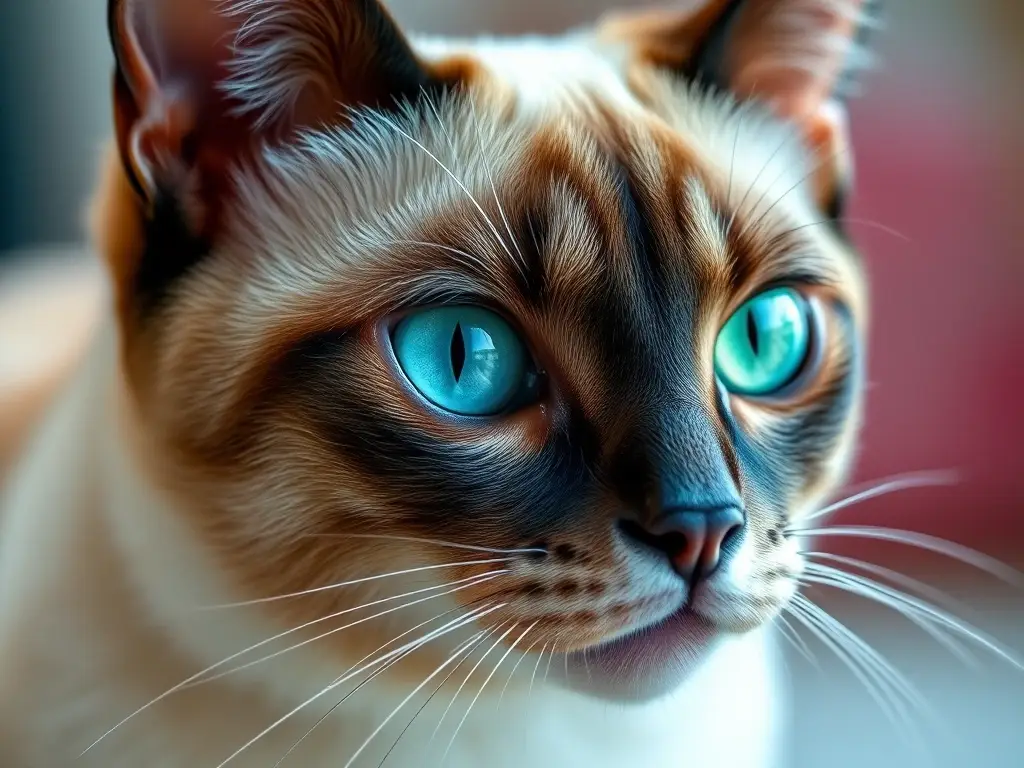 Imagen realista de gato siamés con ojos azul y verde esmeralda
