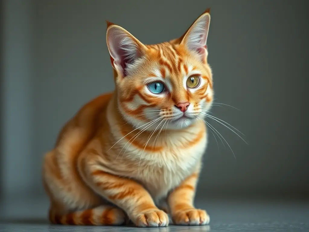 Un retrato realista de un gato tabaquero de pelo naranja con ojos azules y dorados, sentado pacientemente