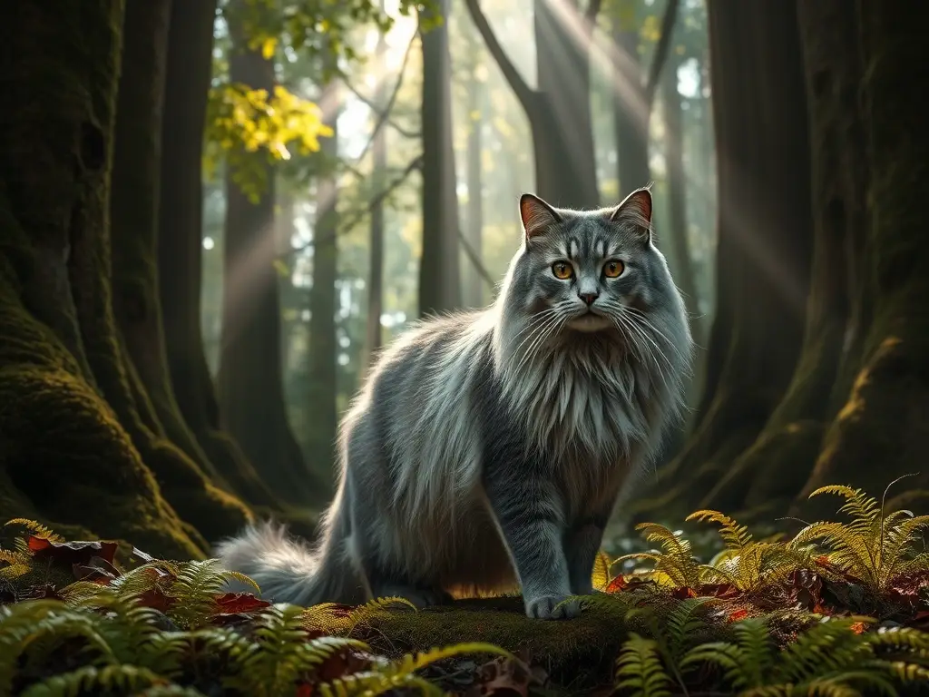 Majestuoso gato noruego entre bosque antiguo