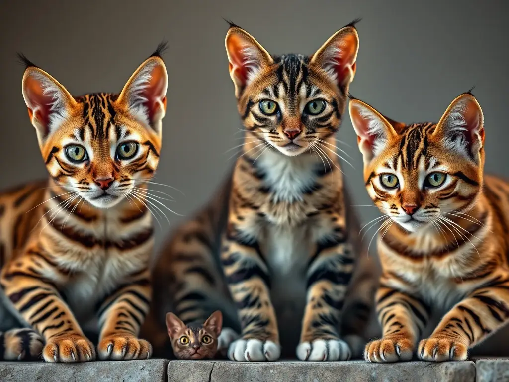 Foto realista de 8K de tres razas de gatos: Toyger, Khao Manee y Montés Salvaje
