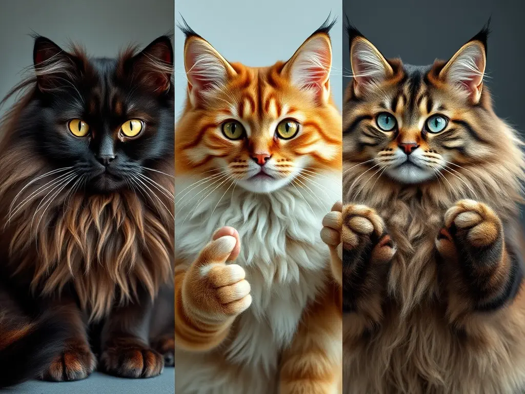 Una fotorealista de tres gatos: Nebelung, Maine Coon y el Forest of Norway, con elegancia, fur y presencia