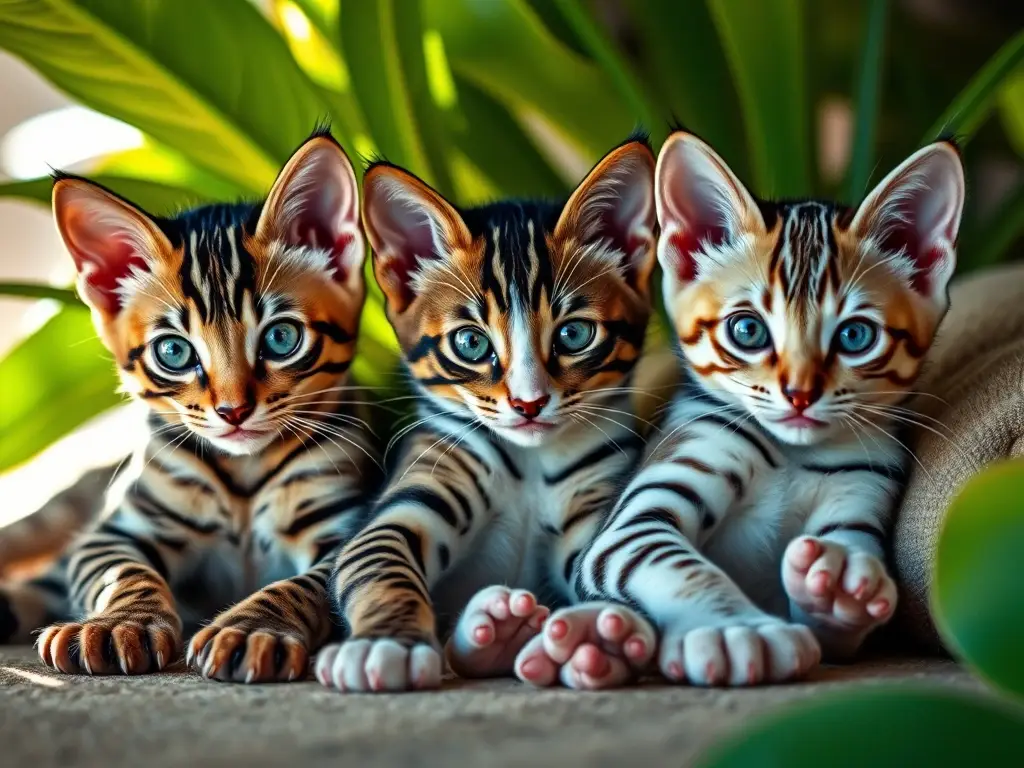 Fotografía realista de tres felinos Bengal, Chausie y Ashera, frondosos, mágica luz
