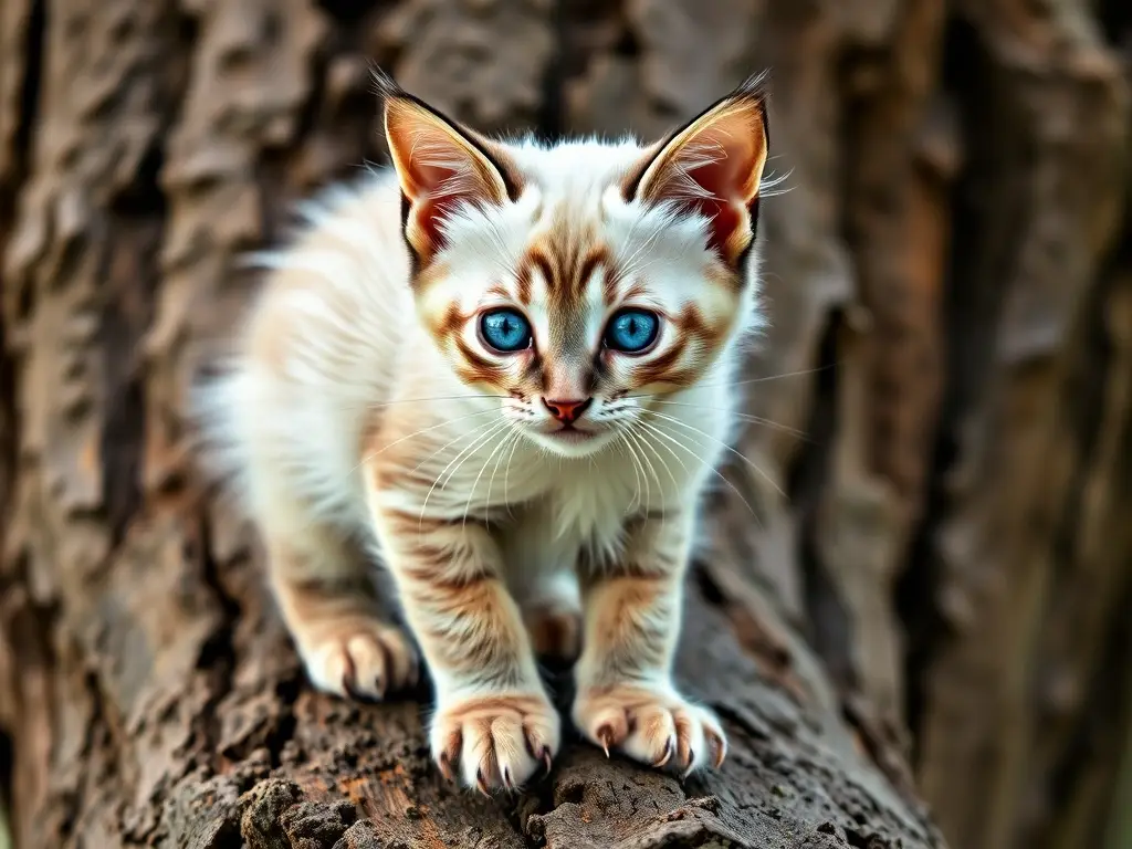 Fotografía realista de un gatito de coat plateado y azul con postura natural en tronco de árbol