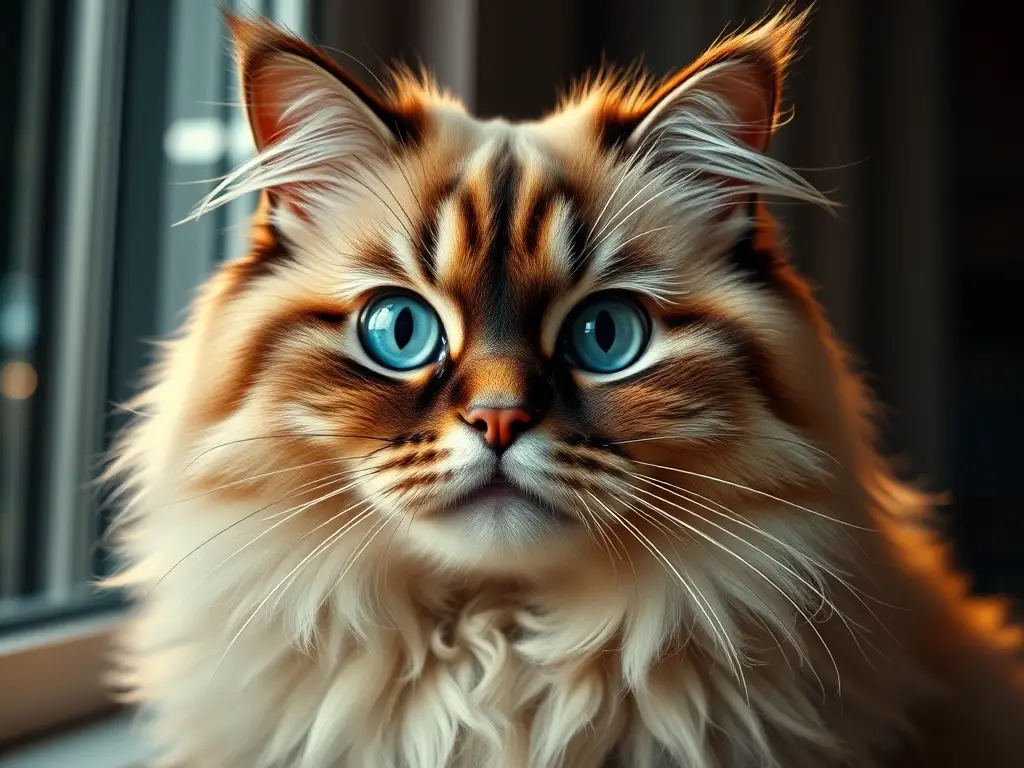 Fotografía realista de un gato persa bello con ojos azules profundos