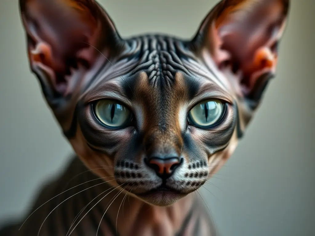 Imagen detallada realista de un gato Lykoi con su pelaje errante y expresivo