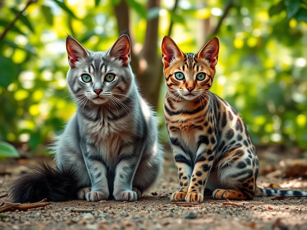 Dos felinos de estilo real: Manx y Ocicat en un ambiente safari