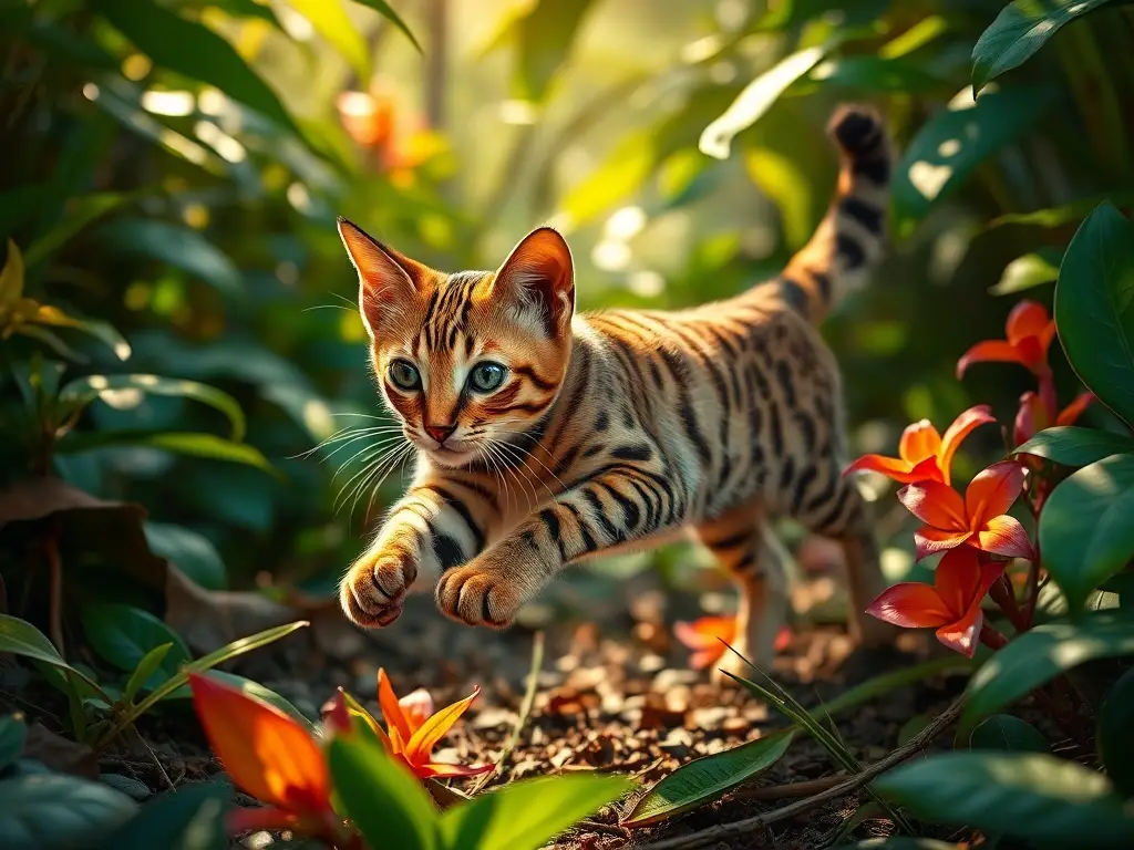 Es una fotografía de un gato Sokoke bengalí en un jungla vibrante