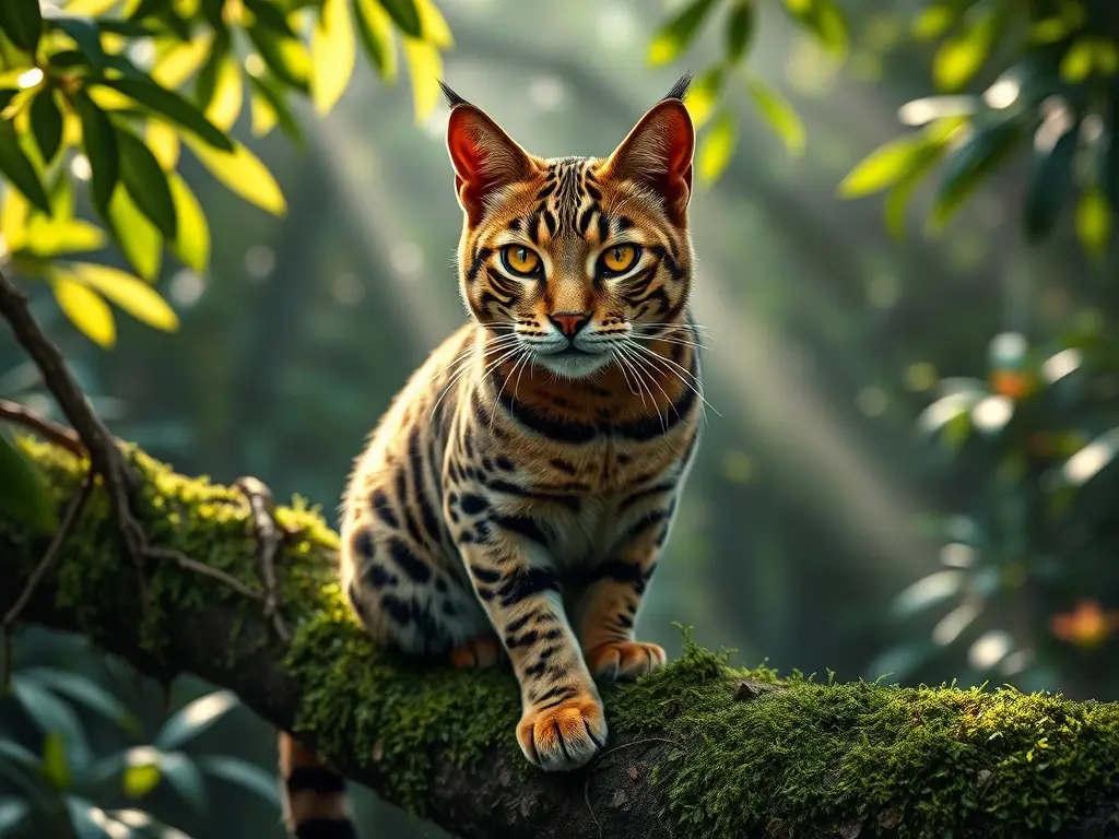 Majestuoso gato Cheetoh en rama selvática