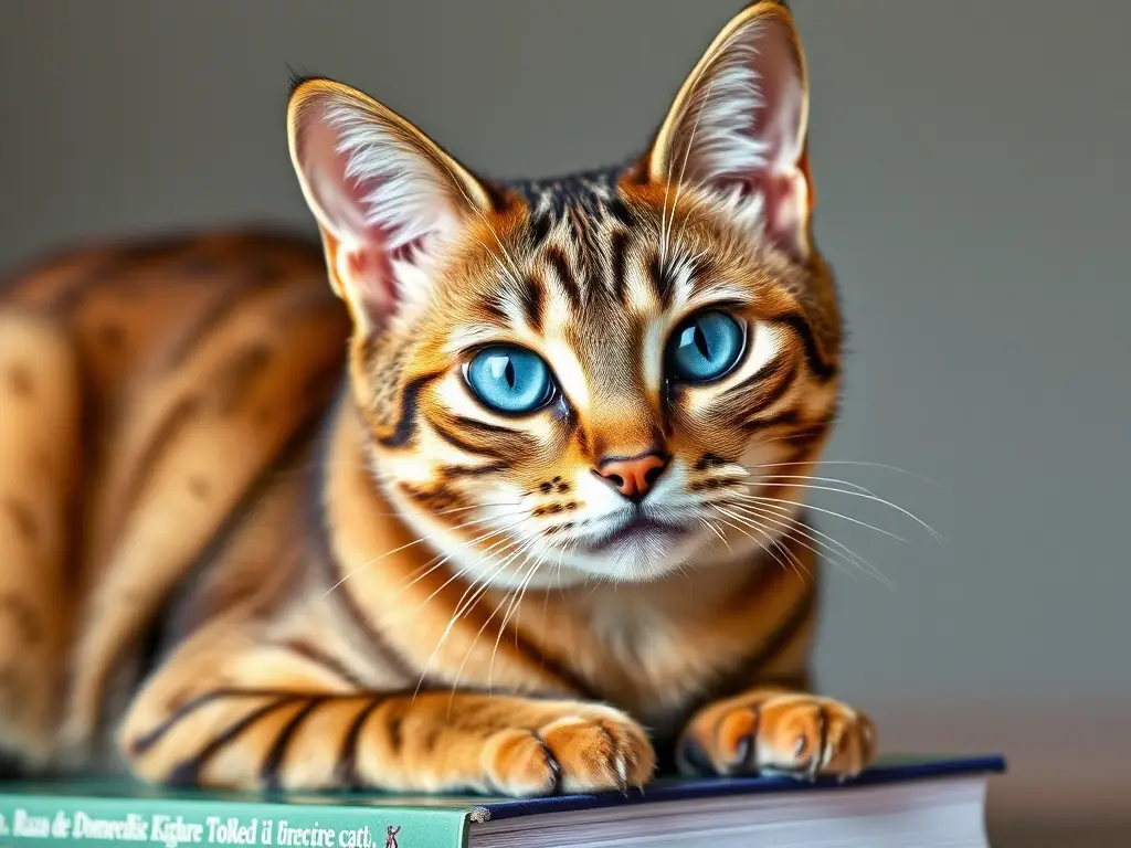 Foto realista de un gato tabby marrón con ojos azules sobre un libro de razas de gatos