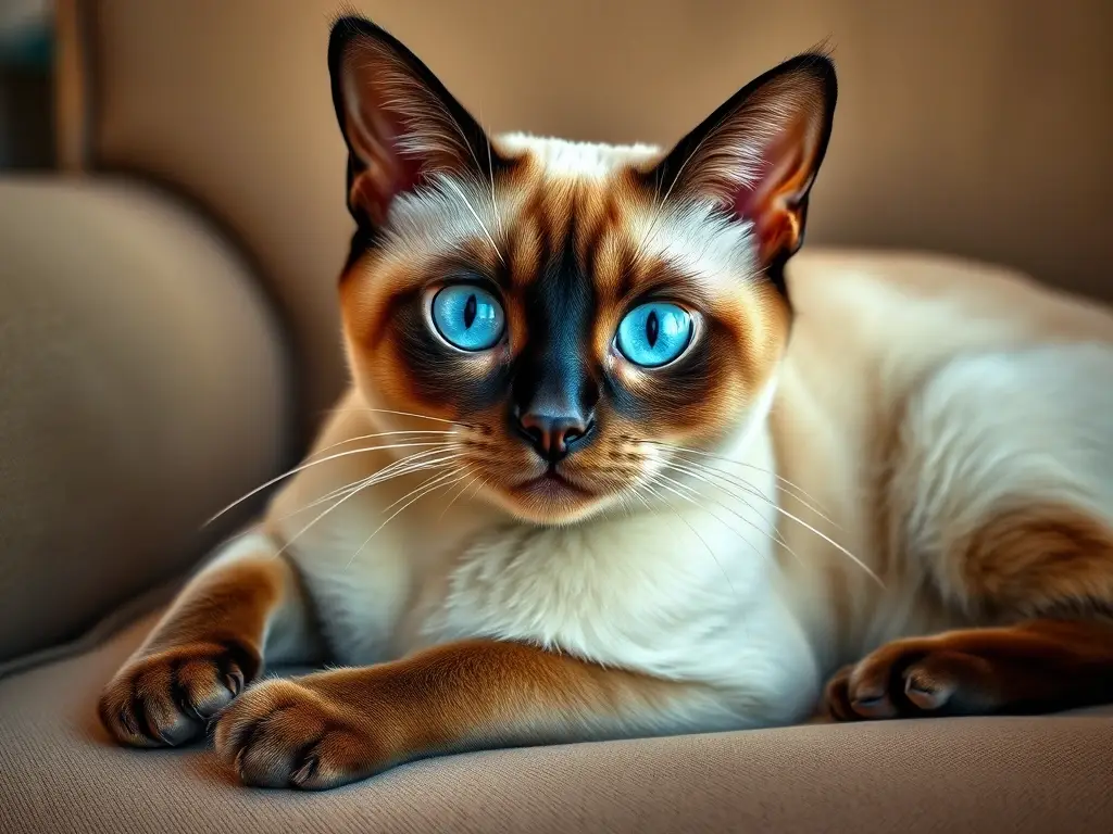 Imagen fotorealista de gato siamés elegante con ojos azul intenso