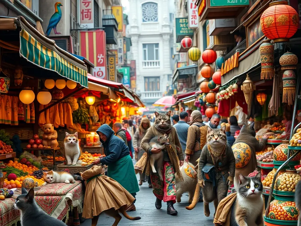 Es un panorama colorido de una ciudad vibrante