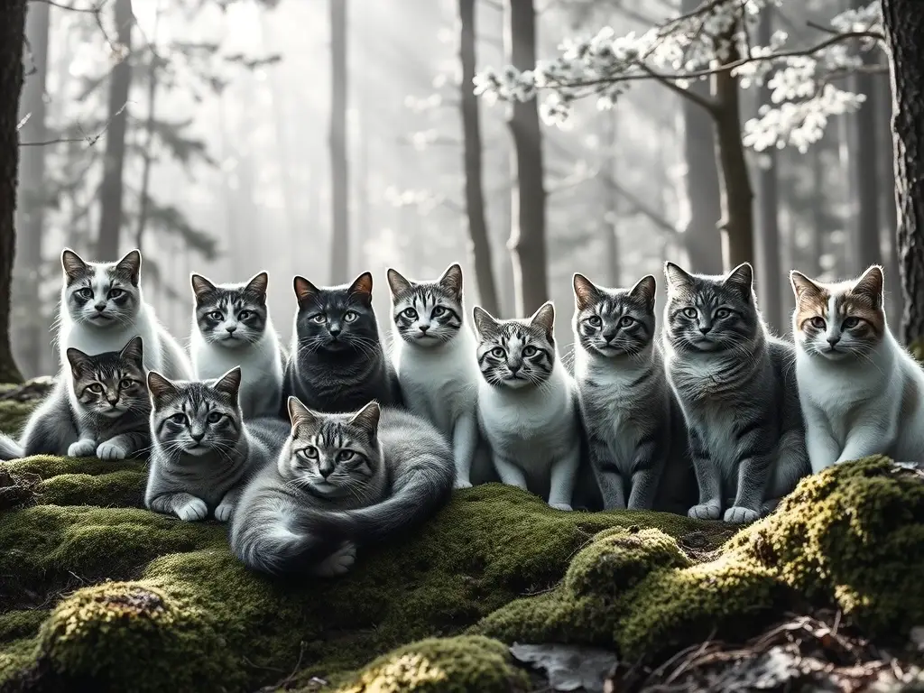 Un retrato realista de gatos majestuosos en Noruega, sin texto, detalles precisos