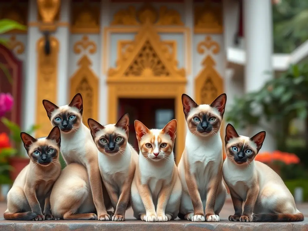 Fotografía realista de 12 gatos de Siamés elegantes en un fondo tailandés