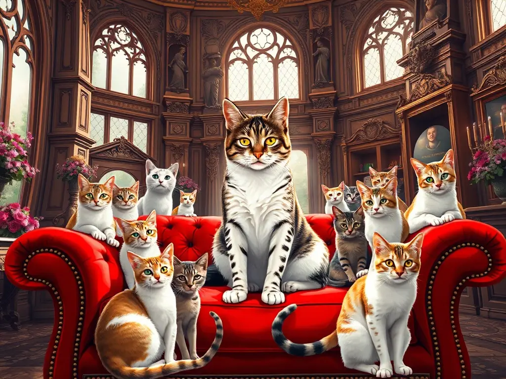 Foto realista de la casa de El Van Turco, con gatos majestuosos en un estudio