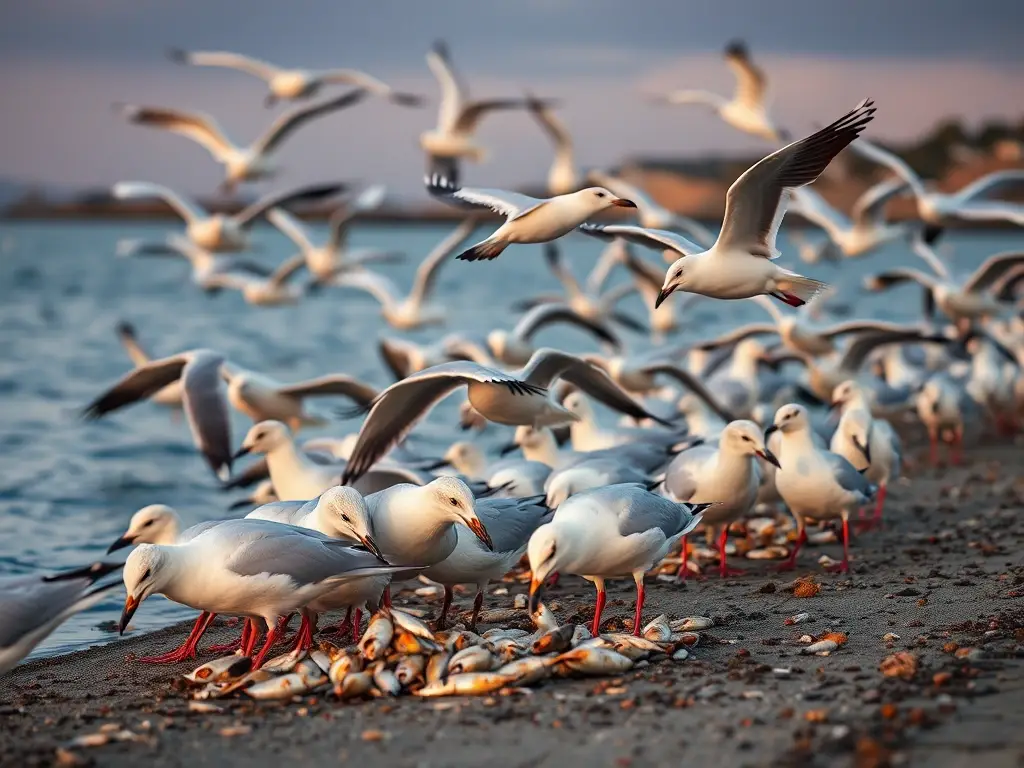 Fotografía fotorealista de gaviotas comiendo peces en la costa