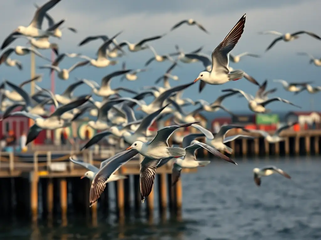 Una obra maestra render de puestas de sol con gaviotas en vuelo