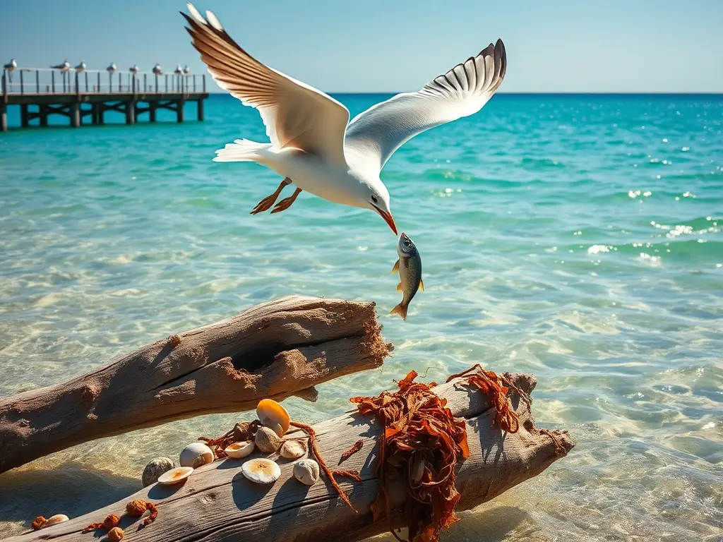 Gaviota plateada atrapa pez sobre laguna turquesa