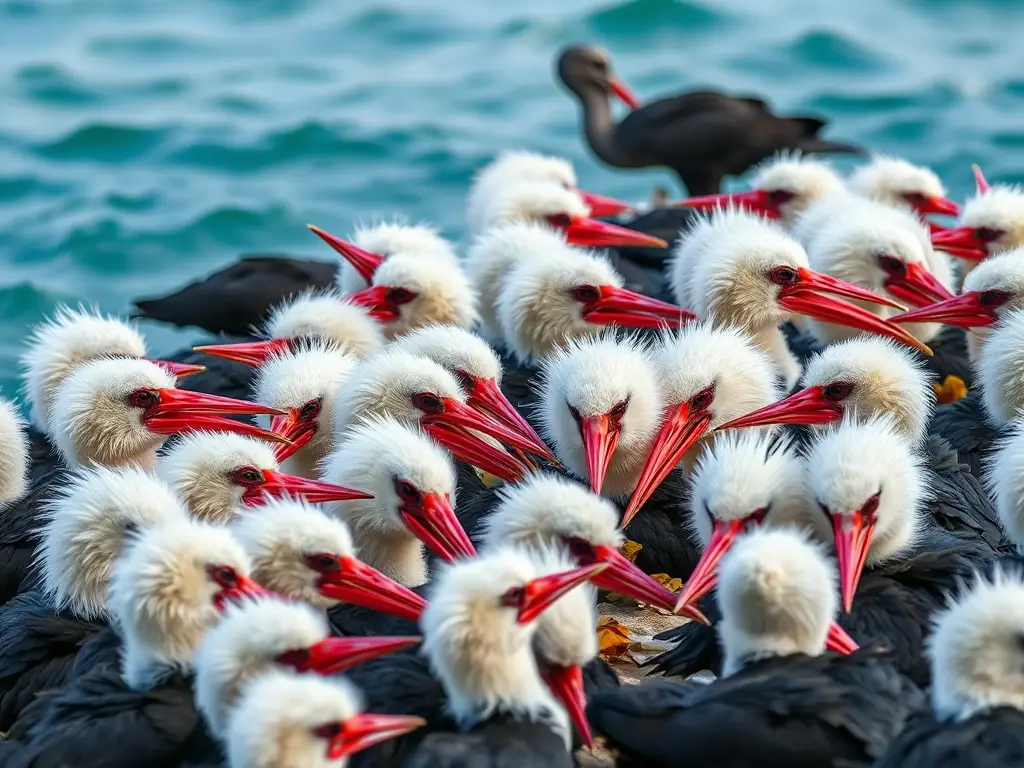 Imagen realista de polluelos de frigatebicos feeding en el mar