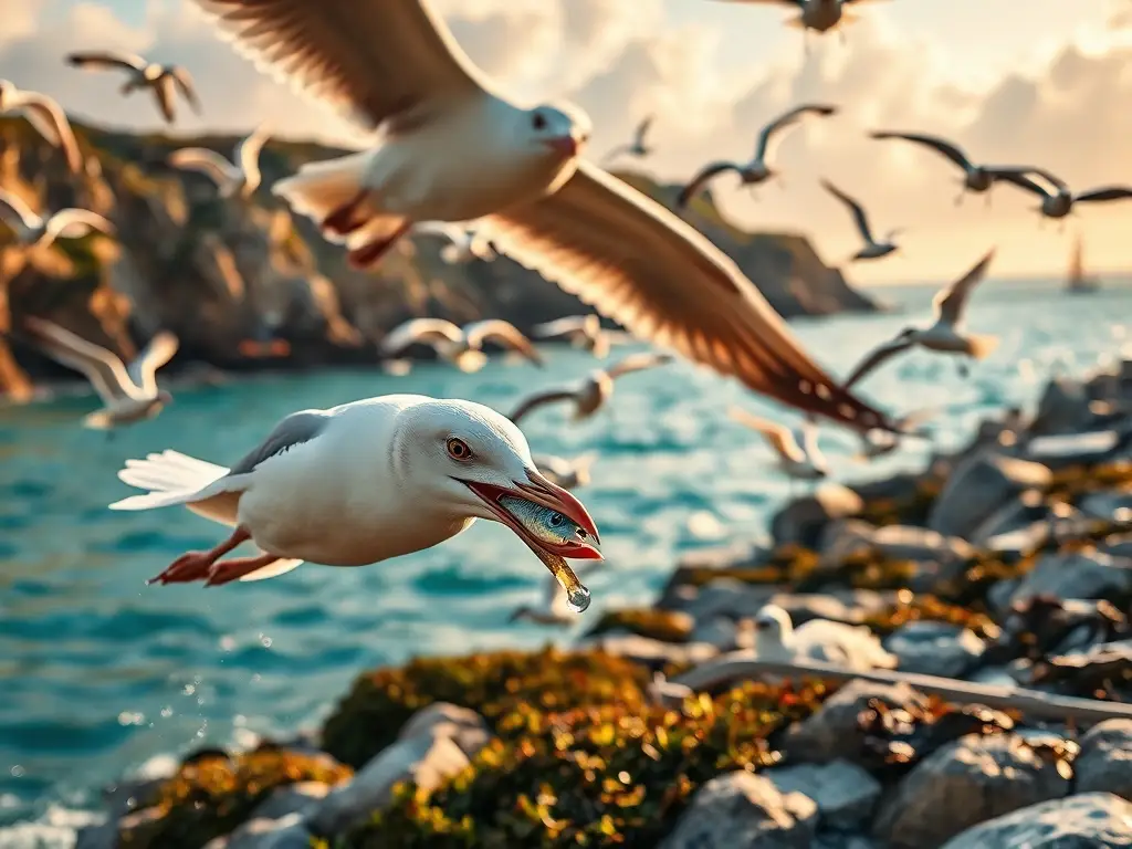 Gaviotas sobre acantilados dorados capturan peces