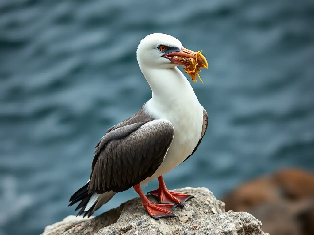 Foto realista de gaviota con plástico en la pico, composición maraton