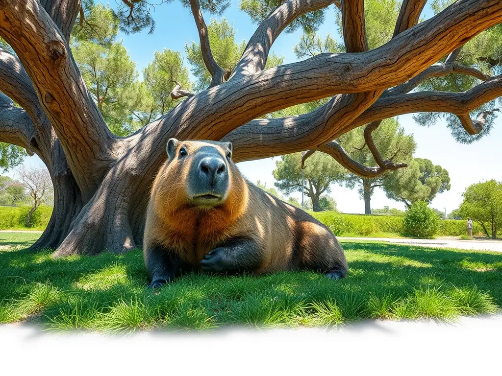 Imagen realista del capybara descansando bajo un árbol en California