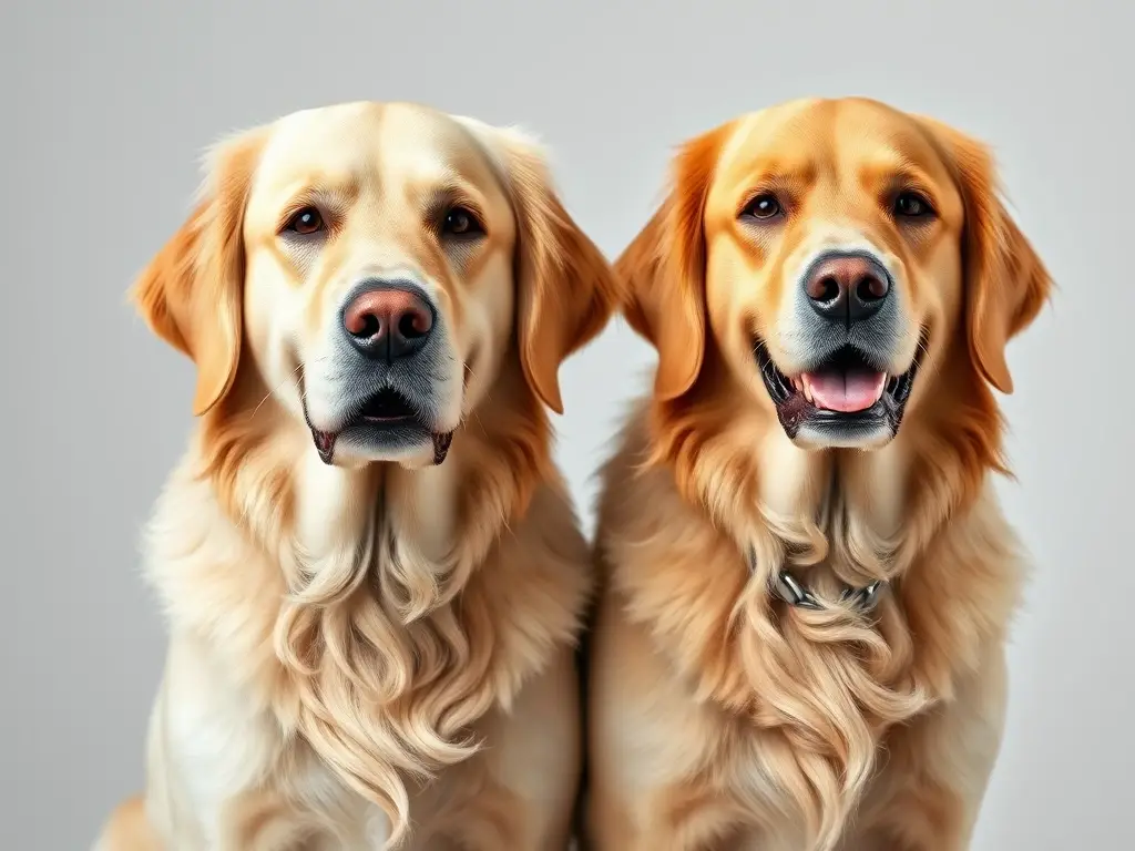 Imagina un retrato fotográfico realista y de alta resolución de dos golden retrievers