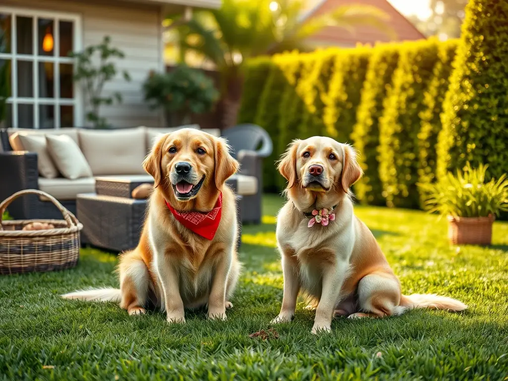 Portada fotorrealista con Golden Retrievers en jardín