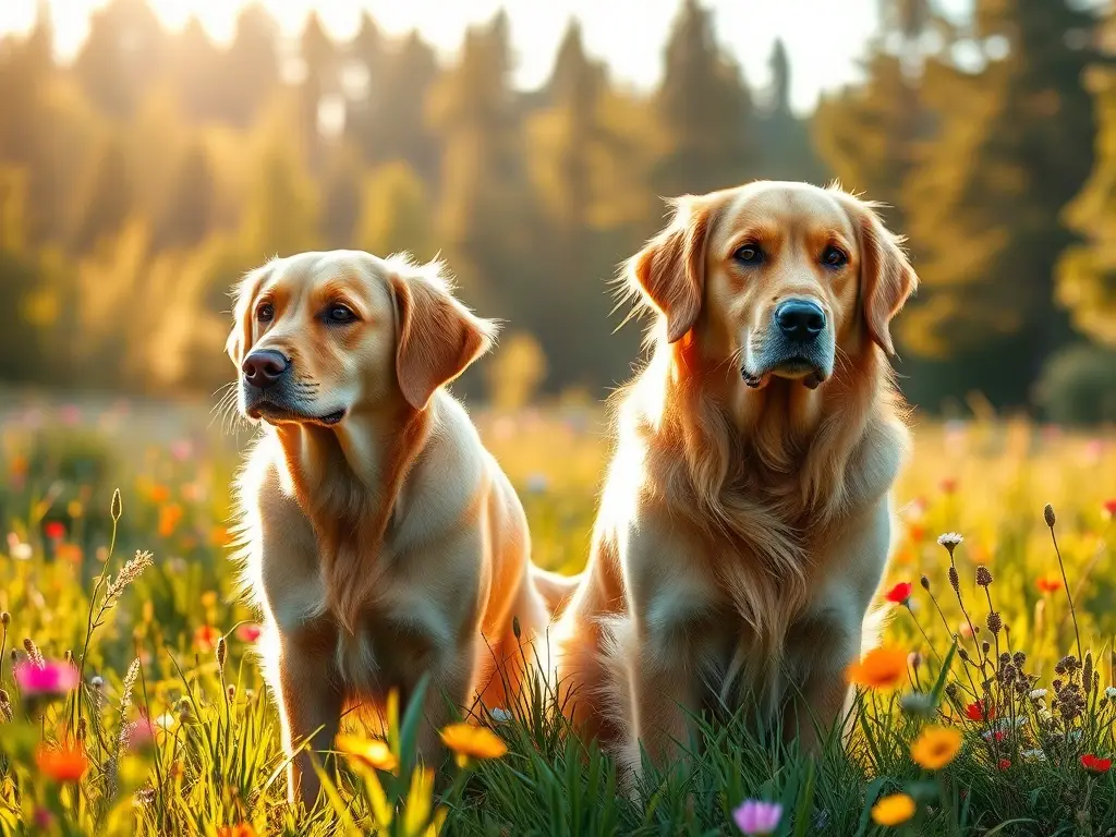 Pareja de retrievers en prado al atardecer