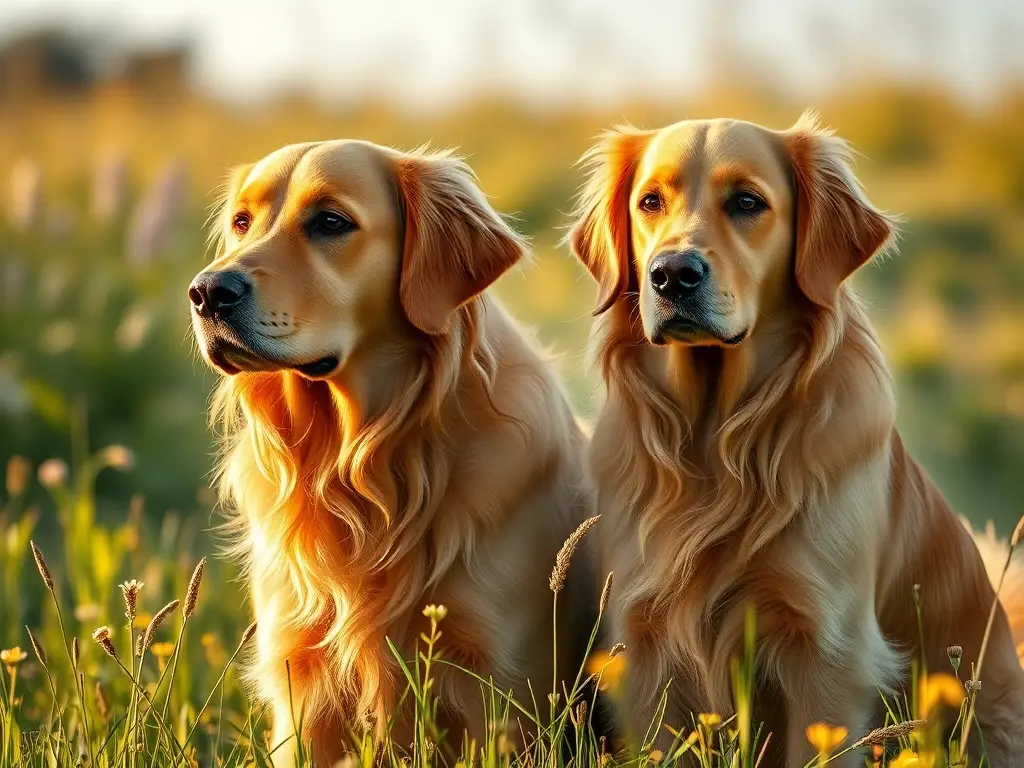 Dos golden retrievers brillan en prado soleado