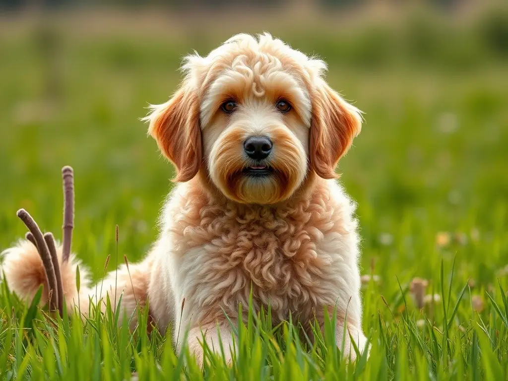 Imagen realística de un Golden Doodle majestuoso en un prado