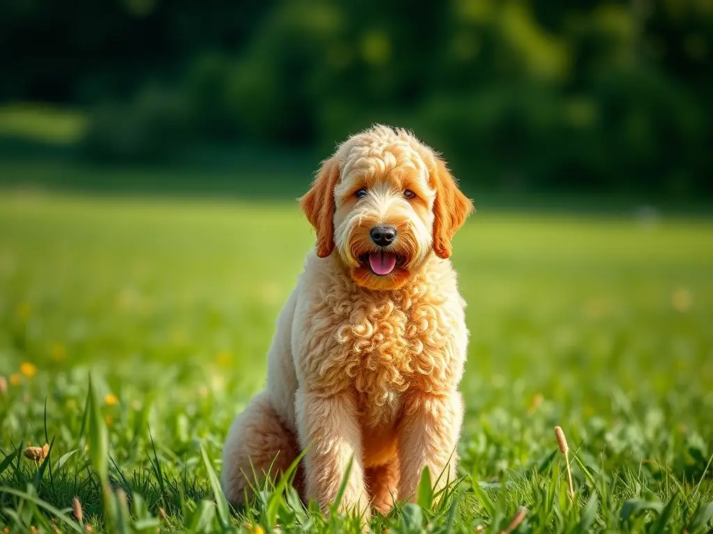 Photorealistic image de un GoldenDoodle Gigante majestuoso y cariñoso