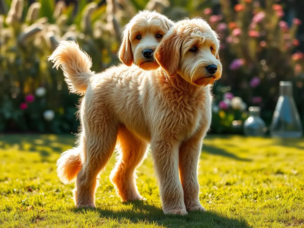 Goldendoodle gigante en jardín con ADN