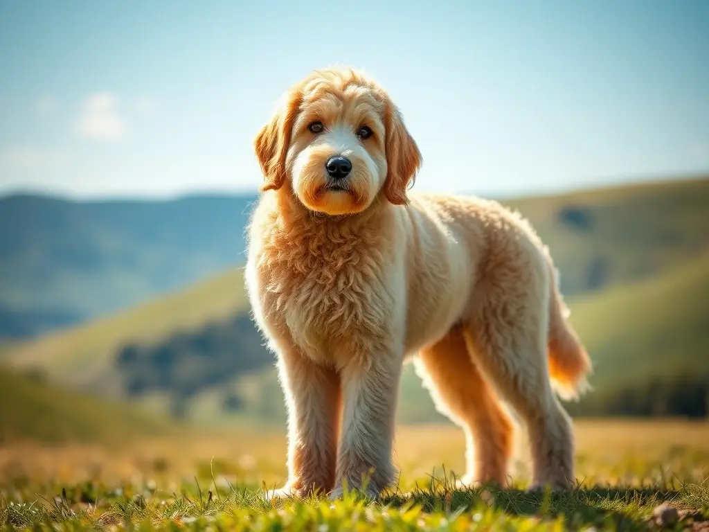 Majestuoso Goldendoodle gigante en prado soleado