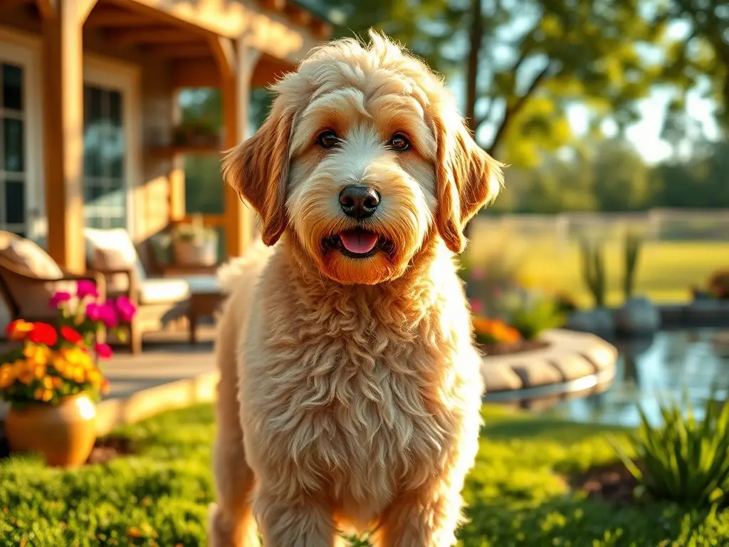 Gigante Goldendoodle feliz en jardín radiante