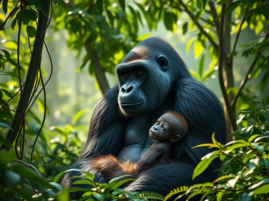 Gorila madre abraza a cría en selva