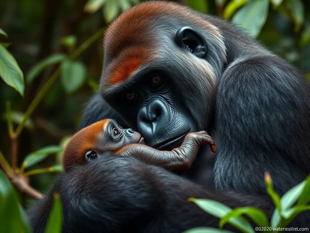 Foto realista de una madre de gorila en la jungla con su bebé