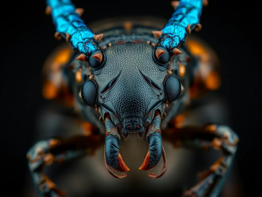Retrato real de un titó de cremación azul con ojos microscópicas y cuernos metálicos