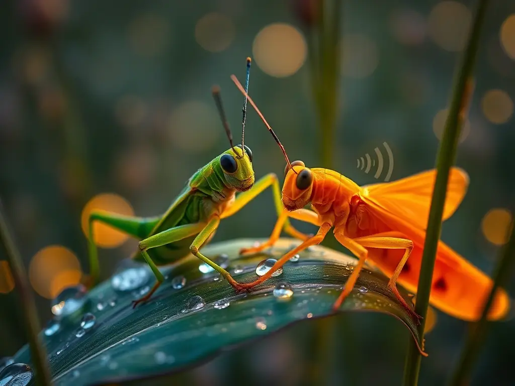 Macro: grillo verde y saltamontes naranja