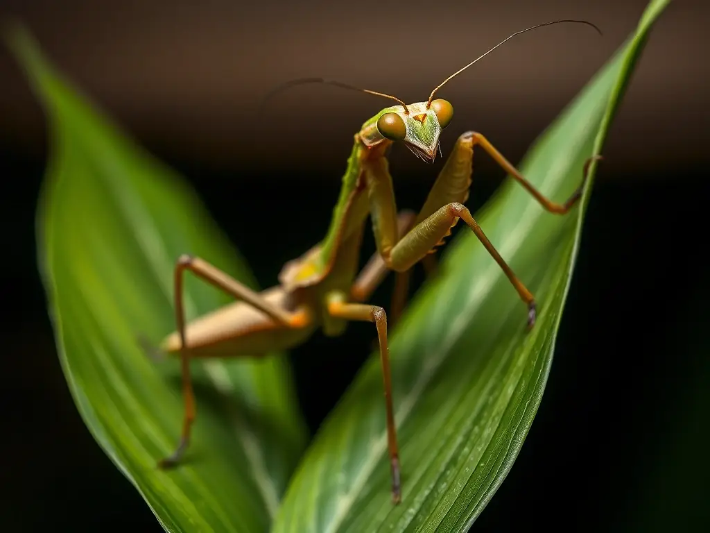 Imagen fotorealista de mantis europea en hoja, sin texto ni logos