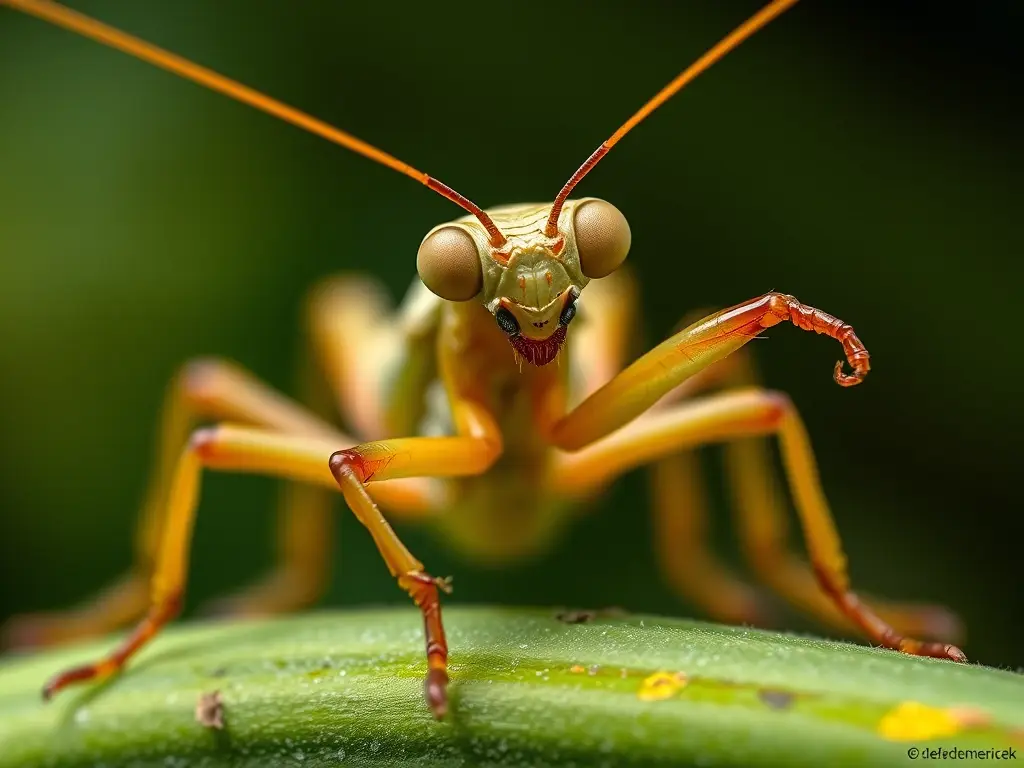 Imagen hiperrealista de cricket cautivo, comiendo mantis, luz natural